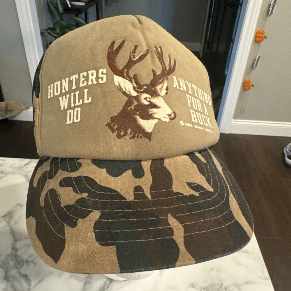 Vintage 1985 Hunter Hat SnapBack; Anything For A Buck; Camo Hipster Clever Deer